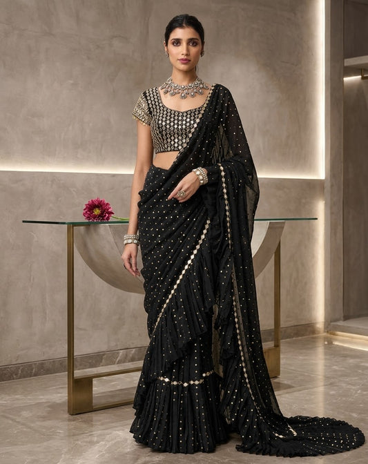 Chiffon Pre-Stitched Saree with Original Mirror Work