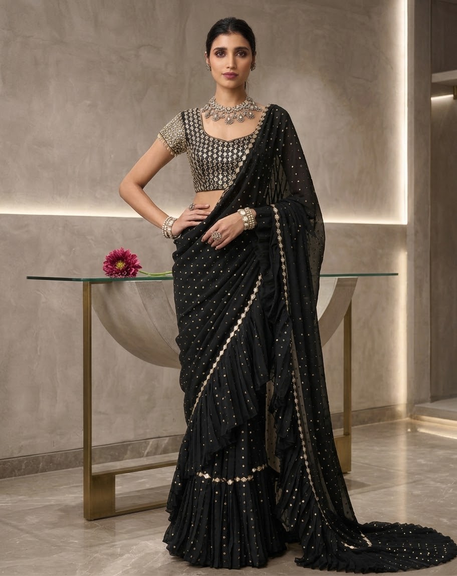 Chiffon Pre-Stitched Saree with Original Mirror Work