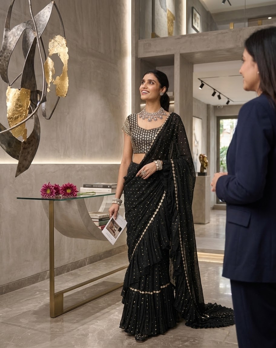 Chiffon Pre-Stitched Saree with Original Mirror Work