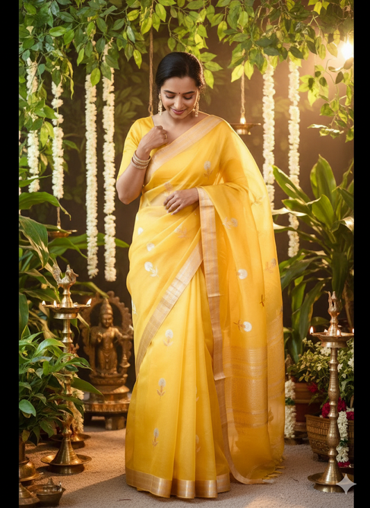 Banarasi Kora  Silk Saree Handwoven LimeYellow - Silk mark