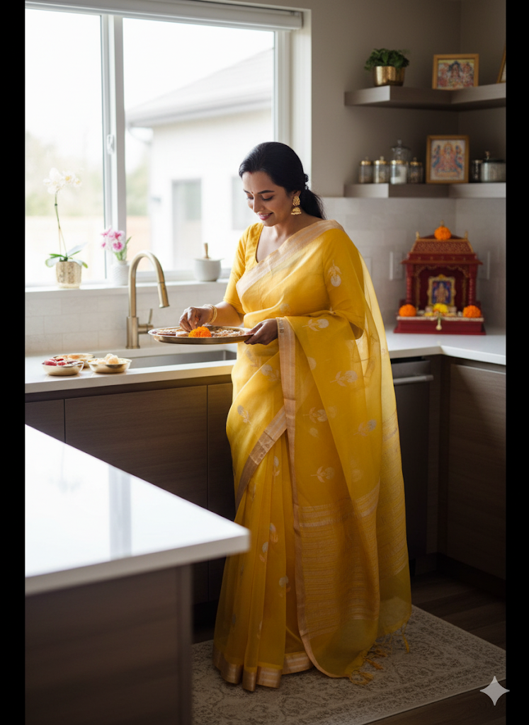 Banarasi Kora  Silk Saree Handwoven LimeYellow - Silk mark