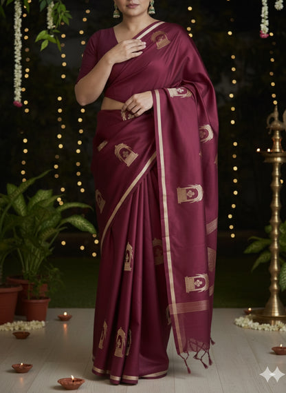 Banarasi Mashru Silk Saree with Arches Buttas and Minimalist Zari Border with Silk Mark