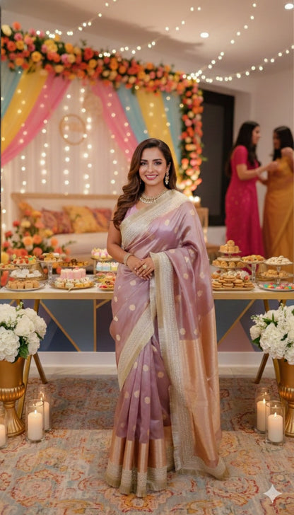 Woman in a lavender saree standing in a decorated room with floral arrangements and lights.