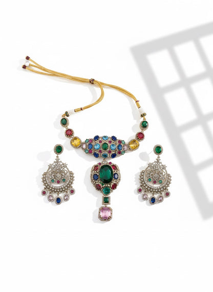 Royal Multicolor Gem Stone Jewelry Set | Statement Brass Necklace & Earrings | Bridal Jewelry | Indian Wedding Set | Festive Multigem Necklace