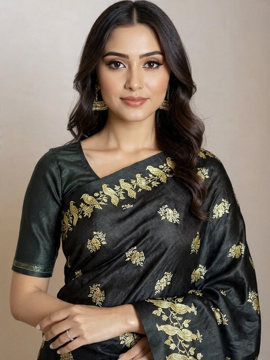 Handwoven Satin Silk Banarasi Saree with Chidiya Family Motifs | Heritage Artisan Weave