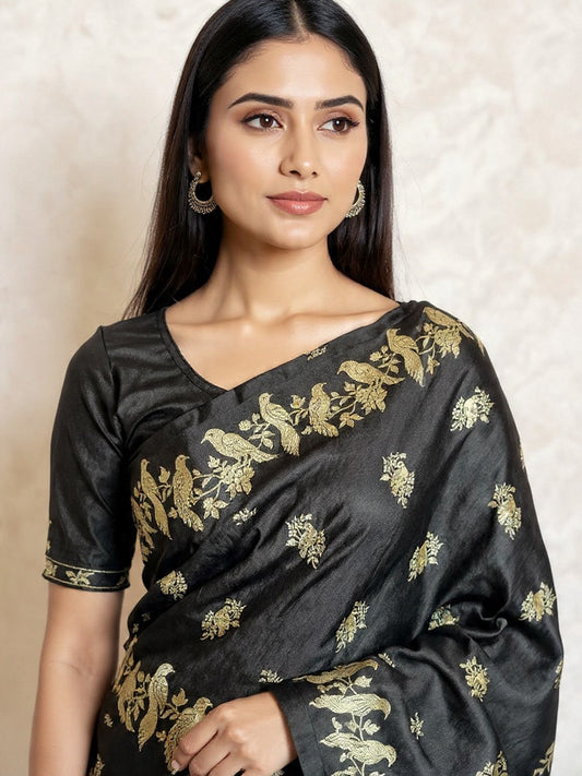 Handwoven Satin Silk Banarasi Saree with Chidiya Family Motifs | Heritage Artisan Weave