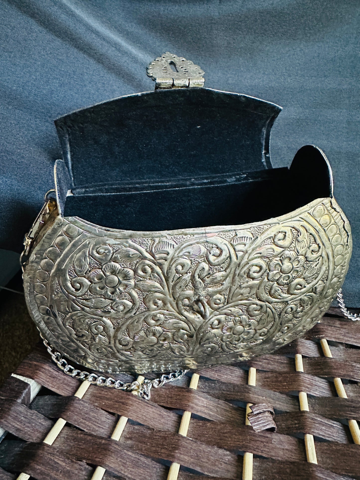 Handcrafted Metal Clutch with Intricate Engraving | Evening Statement Bag