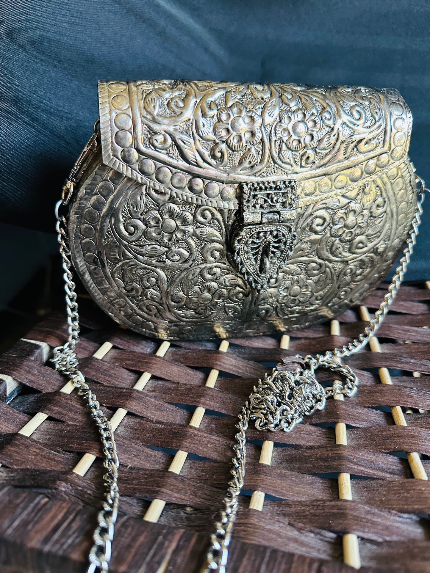 Handcrafted Metal Clutch with Intricate Engraving | Evening Statement Bag