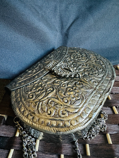 Handcrafted Metal Clutch with Intricate Engraving | Evening Statement Bag
