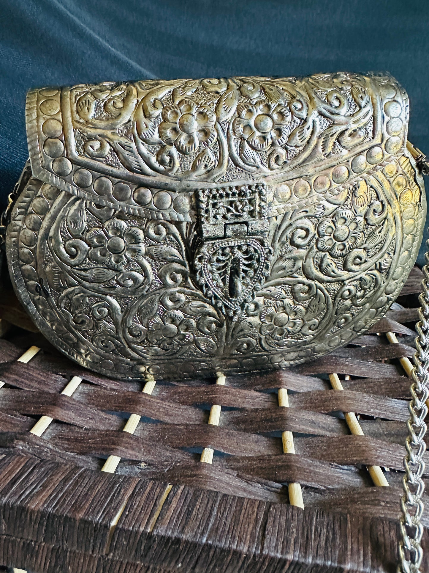 Handcrafted Metal Clutch with Intricate Engraving | Evening Statement Bag