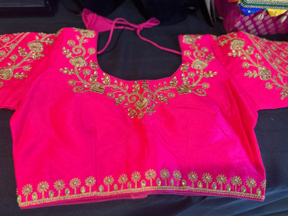 Embroided Saree Blouse Raw Silk - Pink Blouses