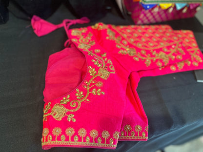 Embroided Saree Blouse Raw Silk - Pink Blouses