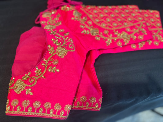 Embroided Saree Blouse Raw Silk - Pink Blouses