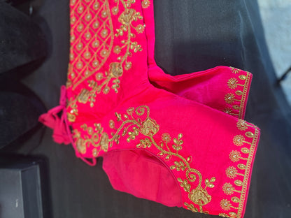 Embroided Saree Blouse Raw Silk - Pink Blouses