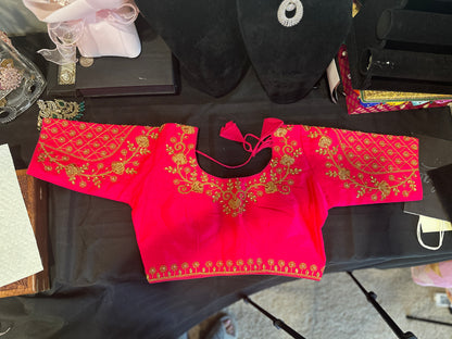 Embroided Saree Blouse Raw Silk - Pink Blouses