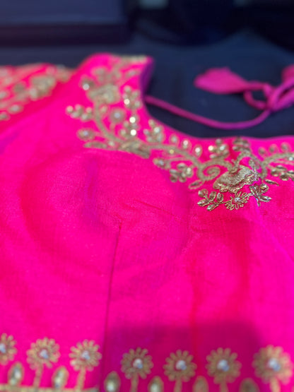 Embroided Saree Blouse Raw Silk - Pink Blouses