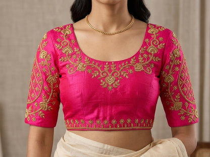 Embroided Saree Blouse Raw Silk - Pink Blouses