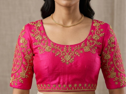 Embroided Saree Blouse Raw Silk - Pink Blouses