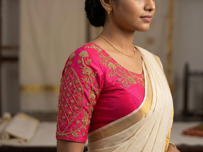 Embroided Saree Blouse Raw Silk - Pink Blouses