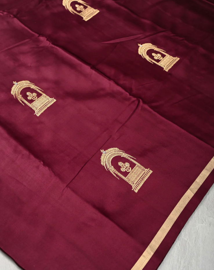 Banarasi Mashru Silk Saree with Arches Buttas and Minimalist Zari Border with Silk Mark