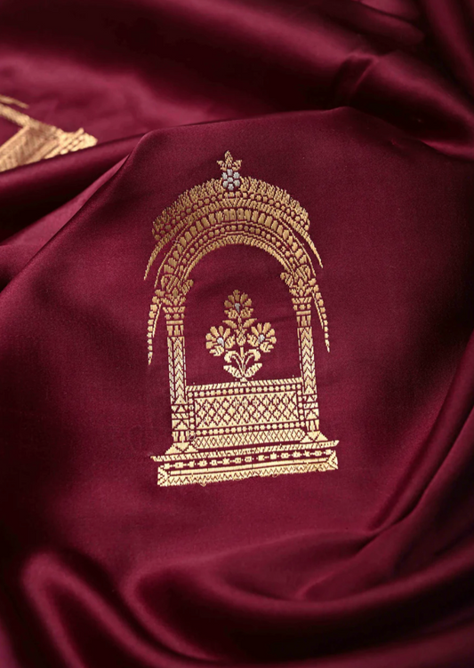 Banarasi Mashru Silk Saree with Arches Buttas and Minimalist Zari Border with Silk Mark