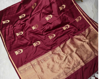 Banarasi Mashru Silk Saree with Arches Buttas and Minimalist Zari Border with Silk Mark