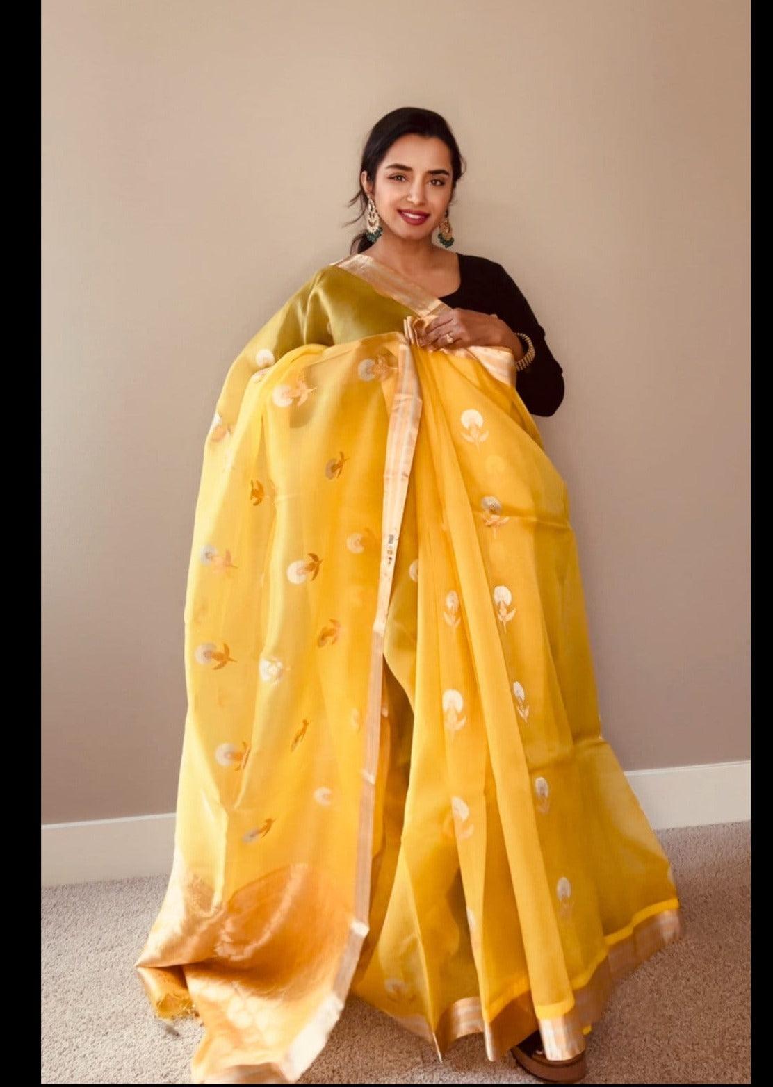 Banarasi Kora Silk Saree Handwoven LimeYellow - Silk mark - TheChicTale-Kora/Organza-Sarees