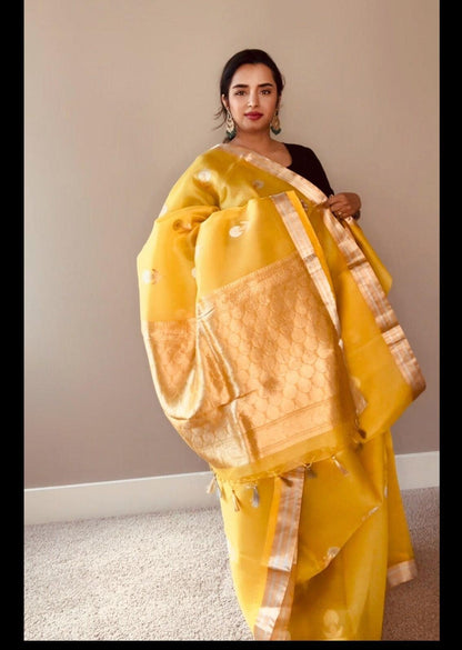 Banarasi Kora Silk Saree Handwoven LimeYellow - Silk mark - TheChicTale-Kora/Organza-Sarees