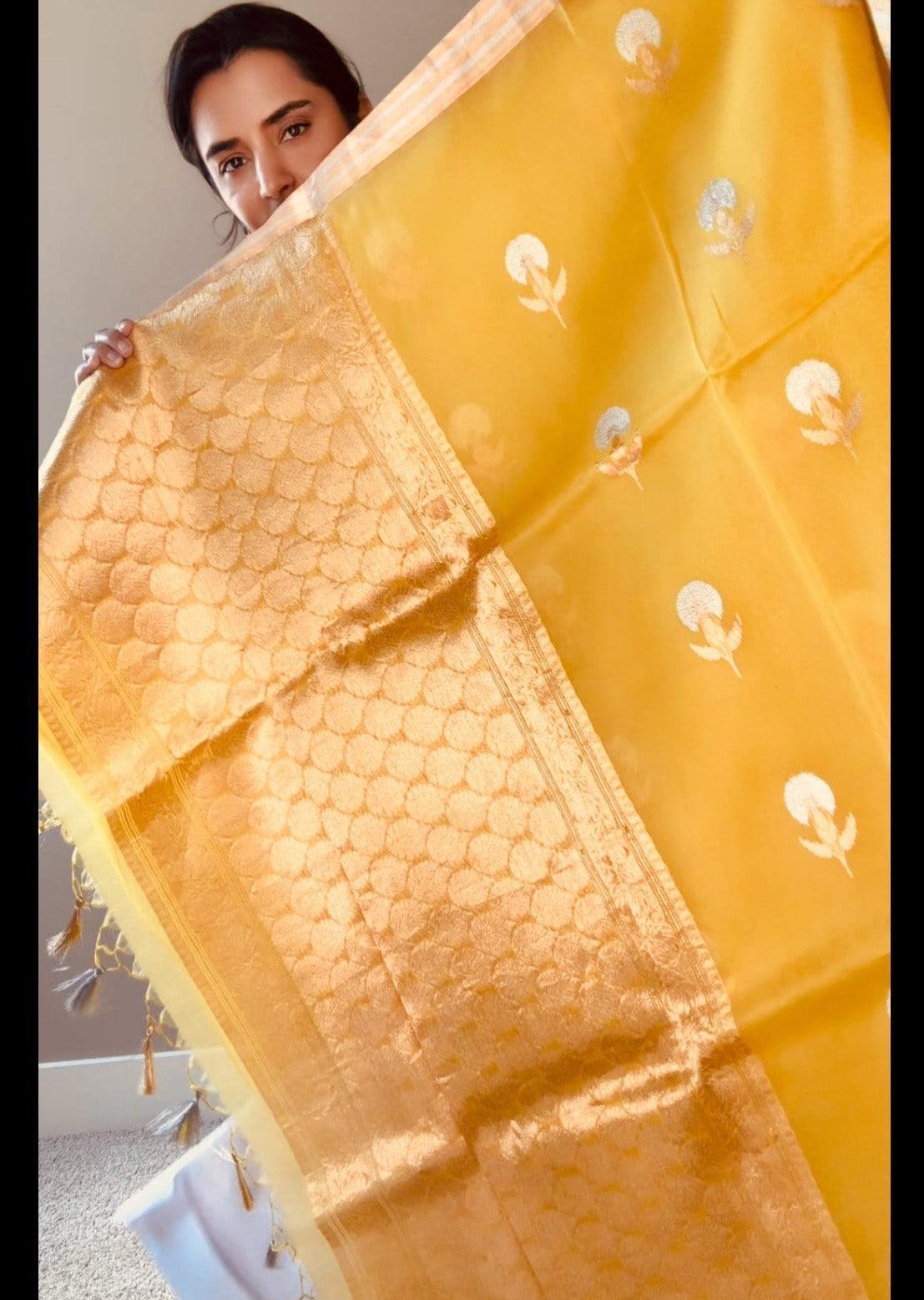 Banarasi Kora Silk Saree Handwoven LimeYellow - Silk mark - TheChicTale-Kora/Organza-Sarees