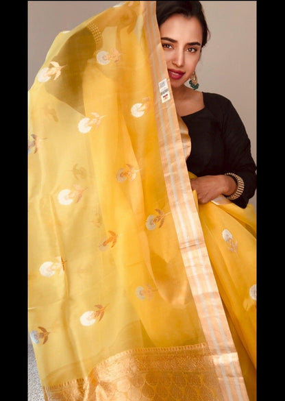 Banarasi Kora Silk Saree Handwoven LimeYellow - Silk mark - TheChicTale-Kora/Organza-Sarees