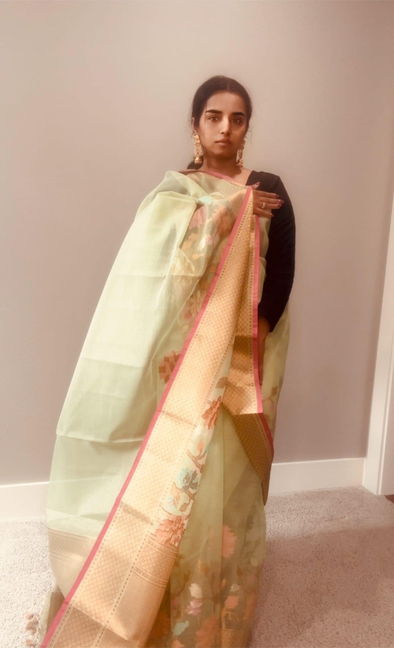 Green Banarasi Tissue Silk Saree with Skirt Border and sticthed blouse - TheChicTale--Sarees