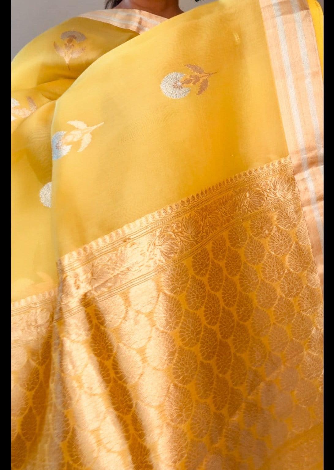 Banarasi Kora Silk Saree Handwoven LimeYellow - Silk mark - TheChicTale-Kora/Organza-Sarees