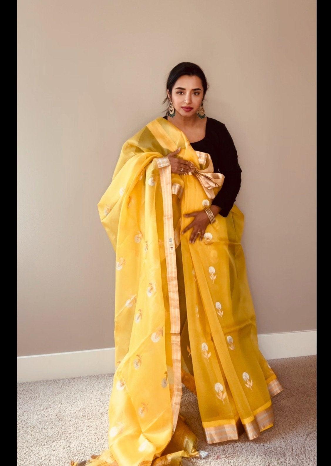 Banarasi Kora Silk Saree Handwoven LimeYellow - Silk mark - TheChicTale-Kora/Organza-Sarees