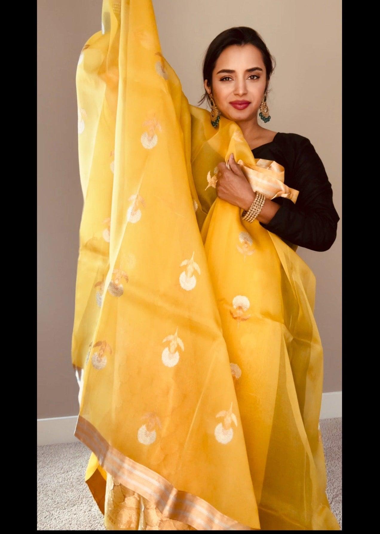 Banarasi Kora Silk Saree Handwoven LimeYellow - Silk mark - TheChicTale-Kora/Organza-Sarees