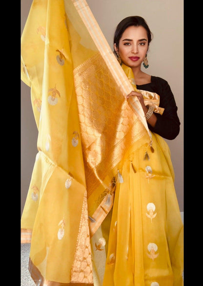 Banarasi Kora Silk Saree Handwoven LimeYellow - Silk mark - TheChicTale-Kora/Organza-Sarees