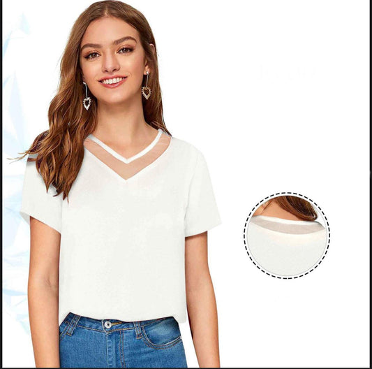 Short Sleeves Mixed Media Top with Net Neckline