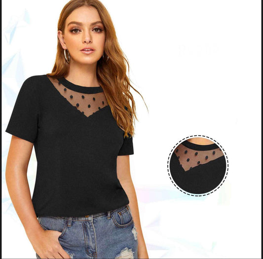 Swiss Dots Neckline Short Sleeves Mixed Media Top