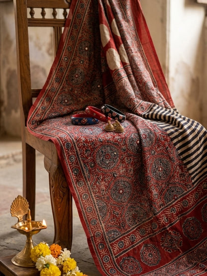 Pure Modal Silk Ajrak Saree with Hand Mirror Work Handcrafted Saree