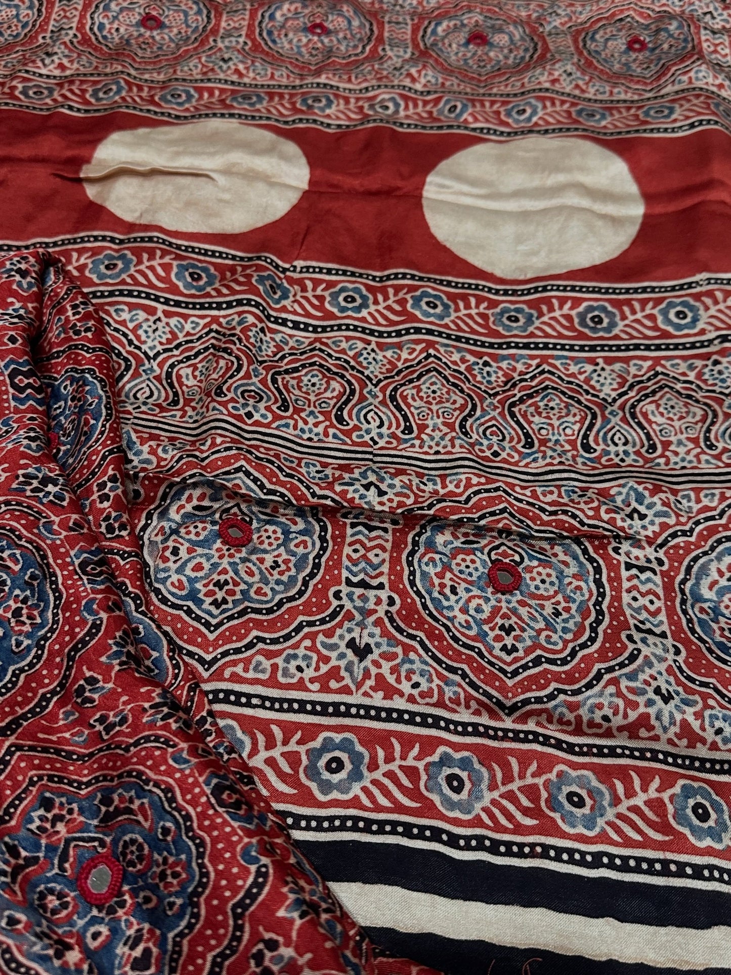 Pure Modal Silk Ajrak Saree with Hand Mirror Work Handcrafted Saree