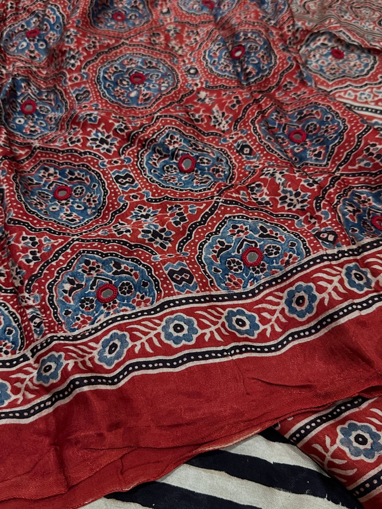 Pure Modal Silk Ajrak Saree with Hand Mirror Work Handcrafted Saree