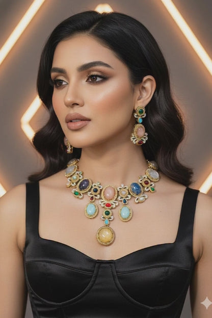 Royal Multicolor Lab-Grown Gemstone Jewelry Set | Statement Brass Necklace & Earrings | Bridal Jewelry | Indian Wedding Set | Festive Multigem Necklace