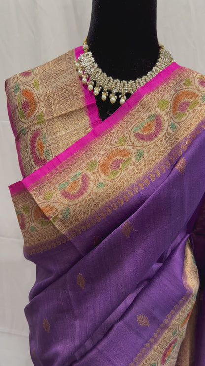 Pure Tussar Banarasi Handwoven Saree with hand brush rangkart