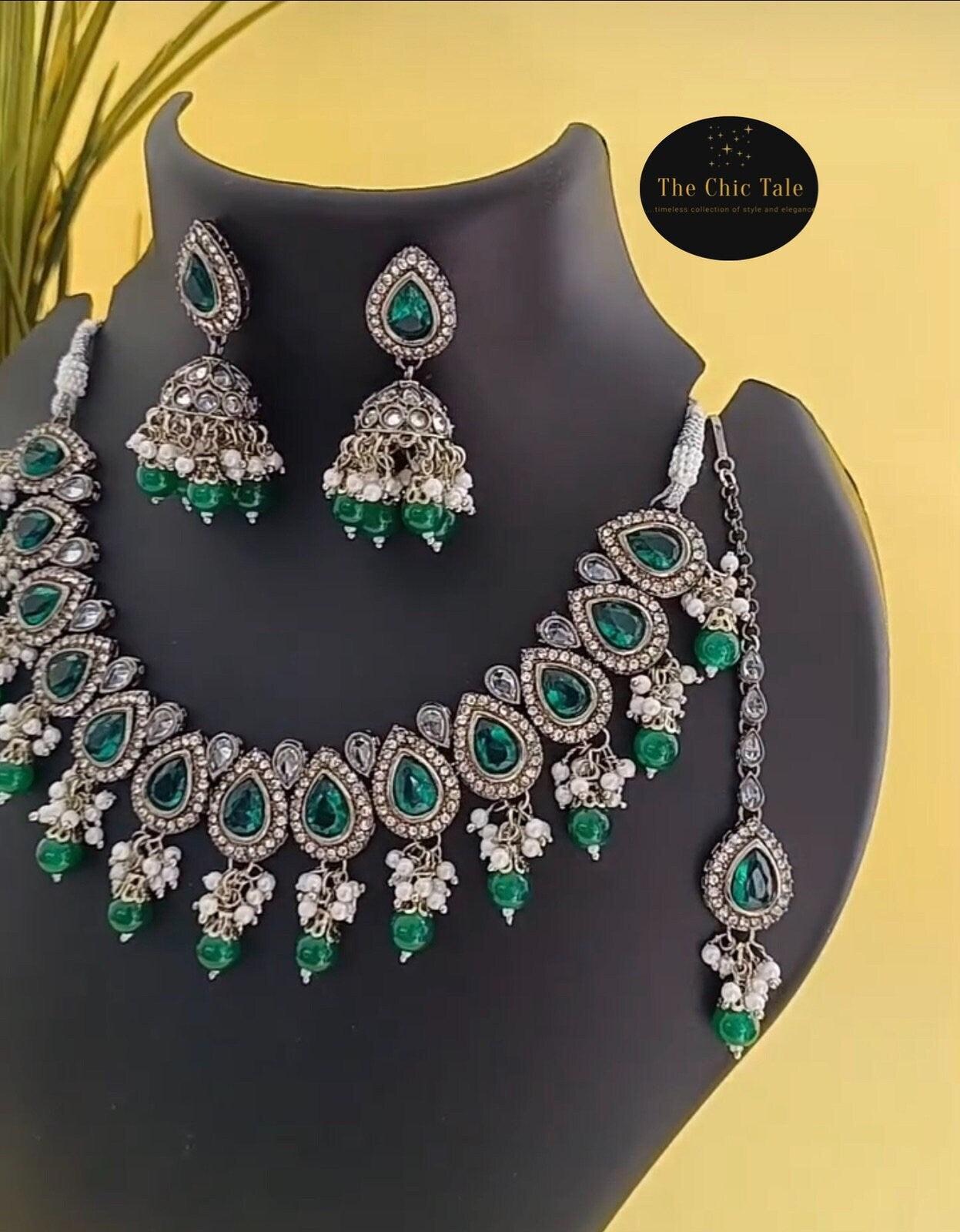 Emerald Green Polki Kundan Moti Jwellery Set