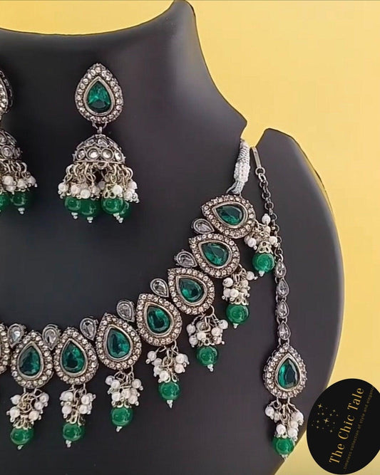 Emerald Green Polki Kundan Moti Jwellery Set