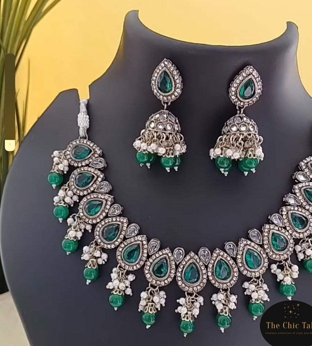 Emerald Green Polki Kundan Moti Jwellery Set