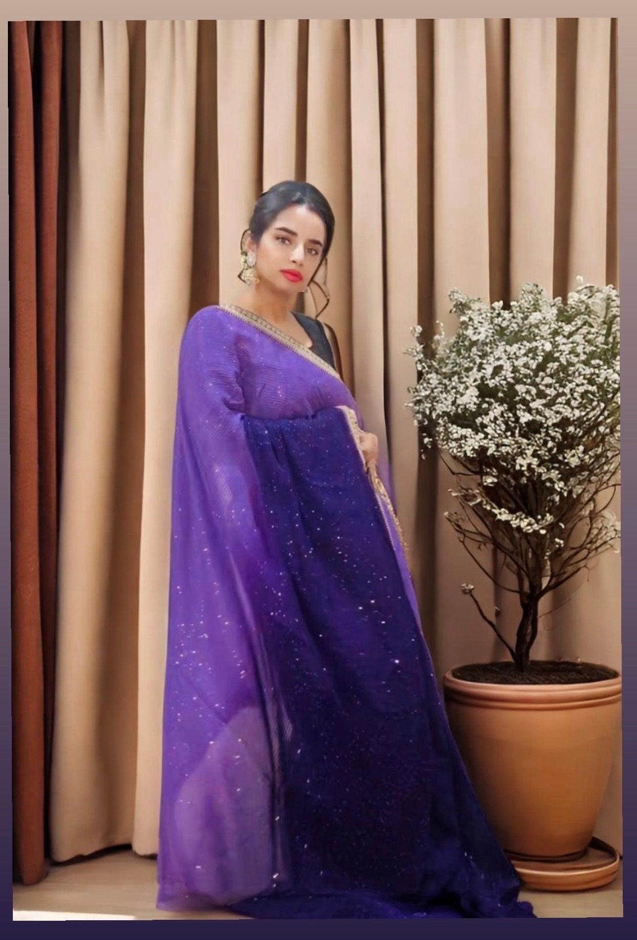 Pure Georgette Sequins Sabyasachi Designer Saree - purple with blouse fabric - TheChicTale-Chikankari-Sarees