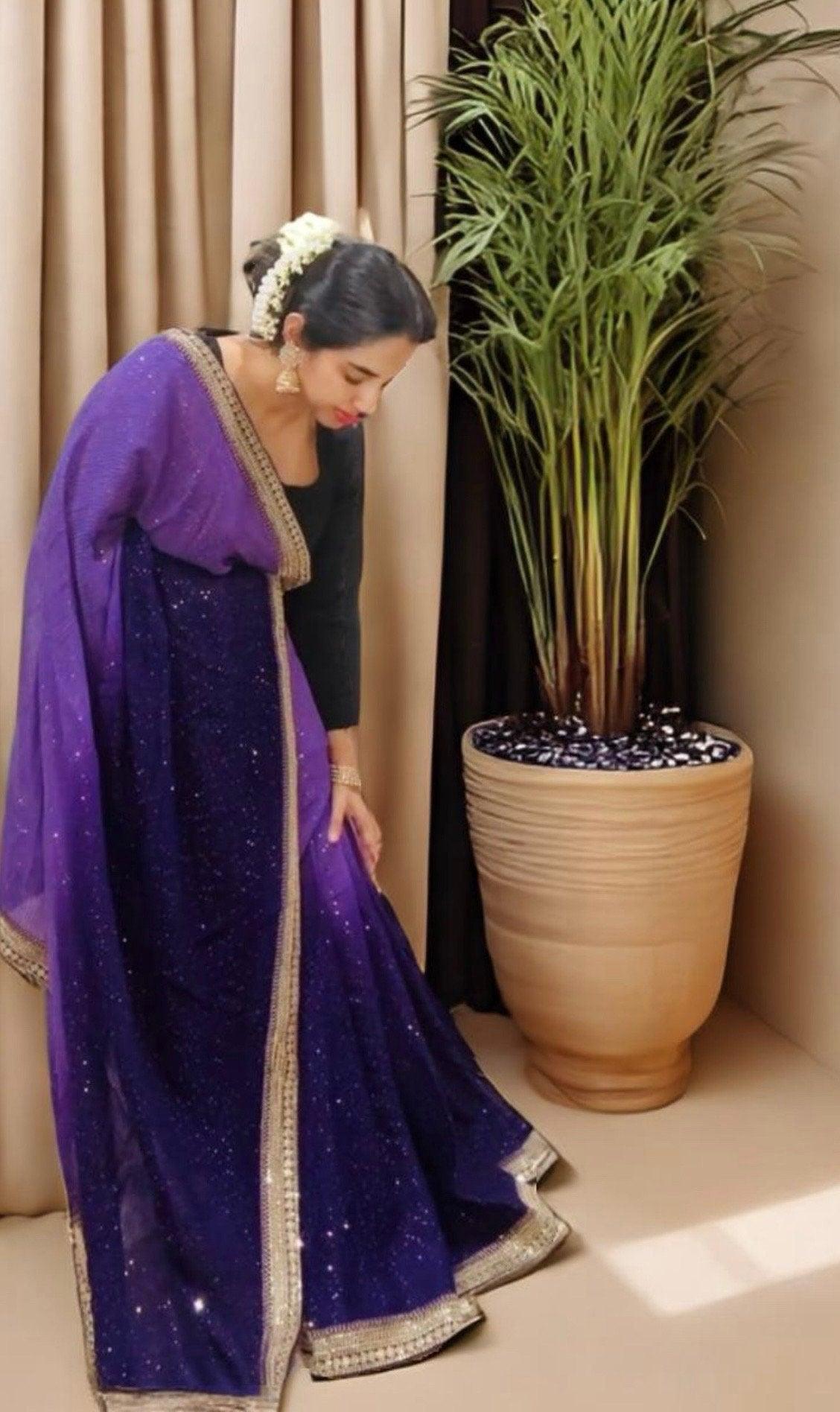 Pure Georgette Sequins Sabyasachi Designer Saree - purple with blouse fabric - TheChicTale-Chikankari-Sarees