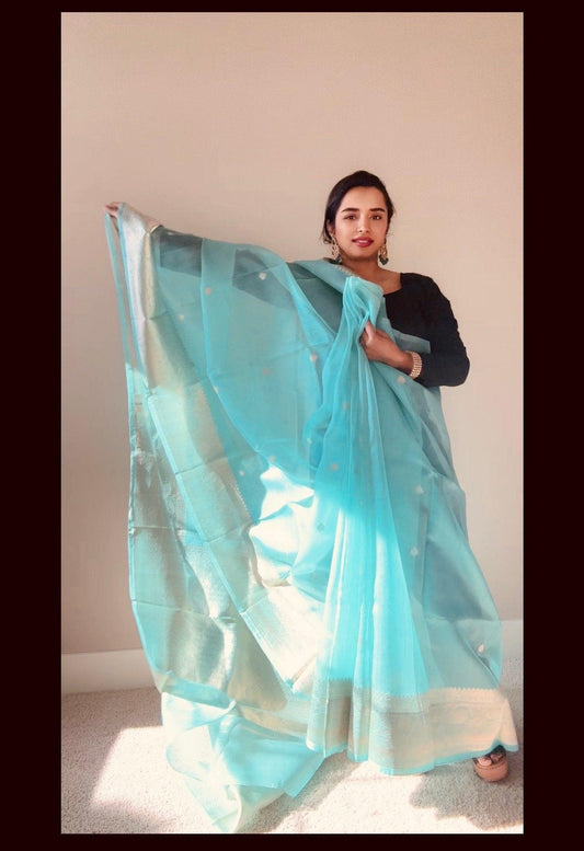 Banarasi Kora Silk Saree Handwoven Sea Green Silk mark - TheChicTale-Kora/Organza-Sarees